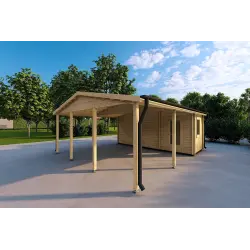 Doppel-Carport aus Holz mit Abstellraum 6x7, 44mm, Frontansicht rechte Seite