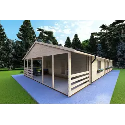 Fertighaus Holzhaus SOFIA 17×8 im traditionellen Stil, 44/140/44 mm, Frontansicht rechte Seite